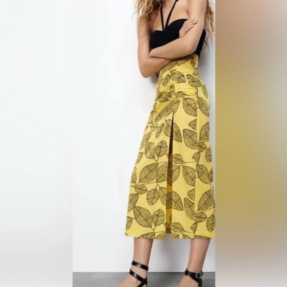 Zara Yellow Leaf Print Midi Skirt - Picture 5 of 5